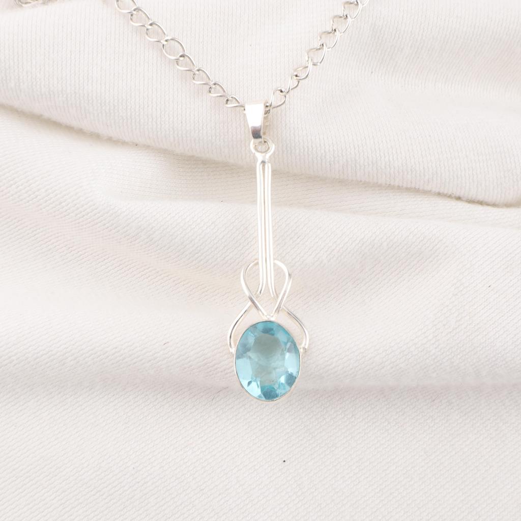 Himmelblauer Topas Edelsteinanhänger, Handgefertigter Wunderschöner Schmuck, 925 Massiv Sterling Silber Kunsthandwerksschmuck, Anhänger für Hochzeitsgeschenk