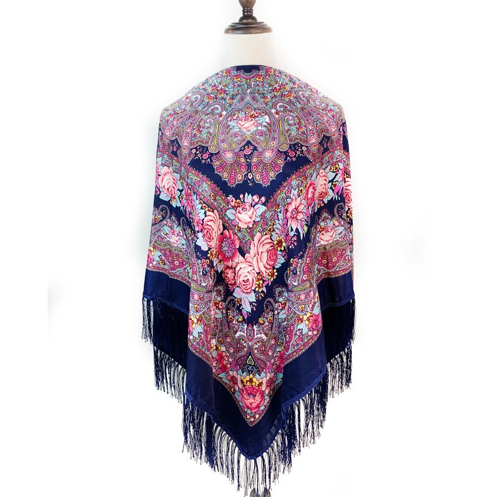 130*130cm Russian National Square Scarf Women Luxury Floral Print Fringed Ukrainian Shawl Babushka Handkerchief Head Wraps
