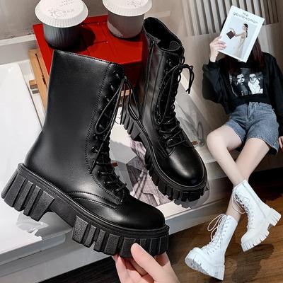 Fashion Women Motorcycle Boot Wedges Flat Shoes High Heel Platform PU Leather Boots Lace Up Woman Shoes Black Girls Spring/Autumn Ladies
