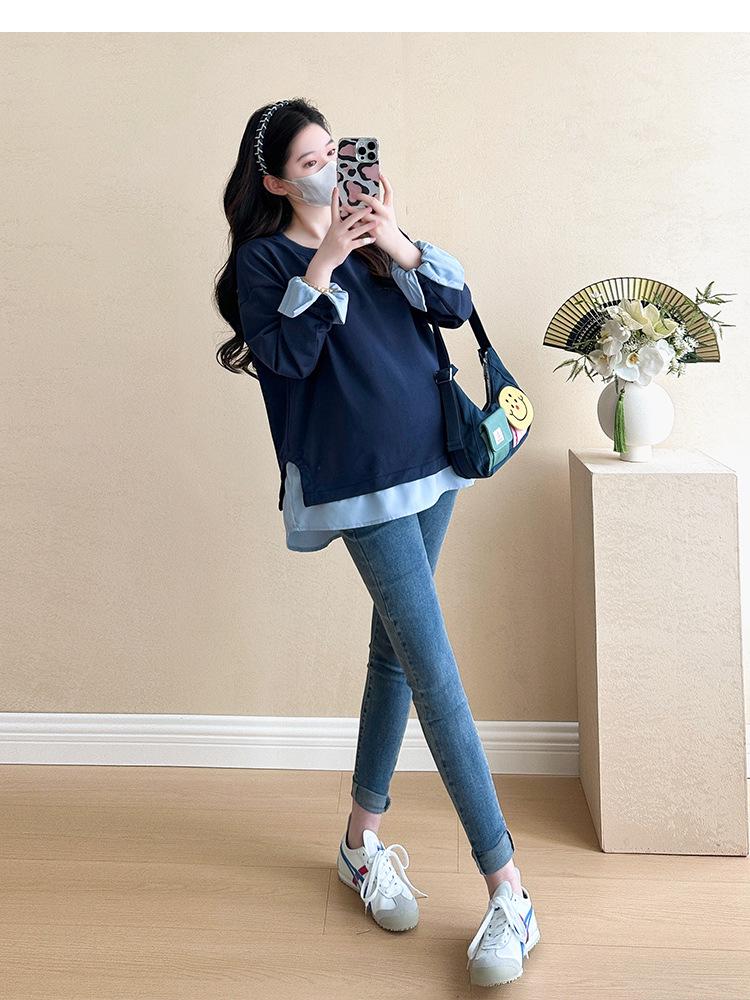 Navy Blue Long Sleeve Maternity Top, Spring/Autumn 2025, Plus Size, Fake Two-Piece Design Sweatshirt