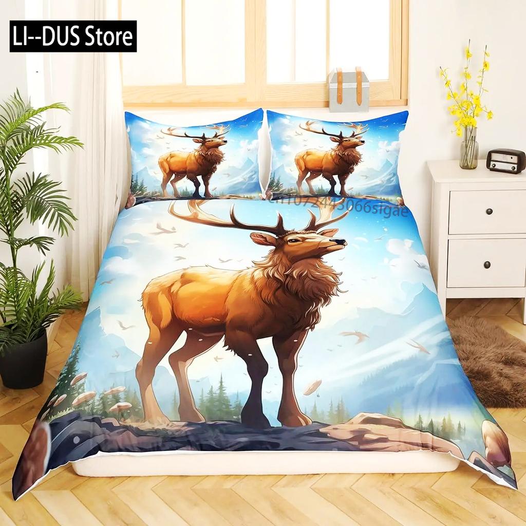 Deer Elk Duvet Cover King Queen Farm Deer Forest Comforter Cover Moose Wildlife Animal Bedding Set Camping Hunting Quilt Cover