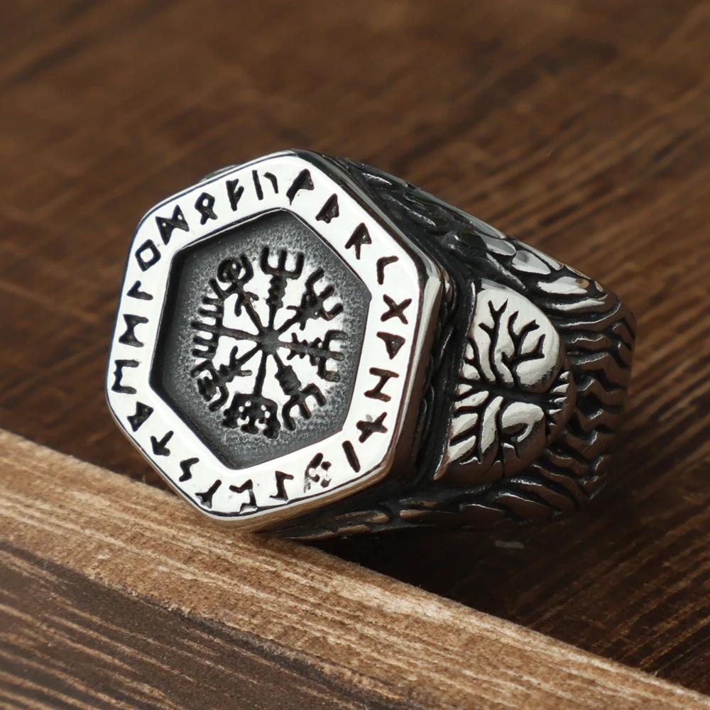 Vintage Viking Men Rings Stainless Steel Ethnic Belief Nordic Odin Compass Tree of Life Valknut Ring Amulet Jewelry