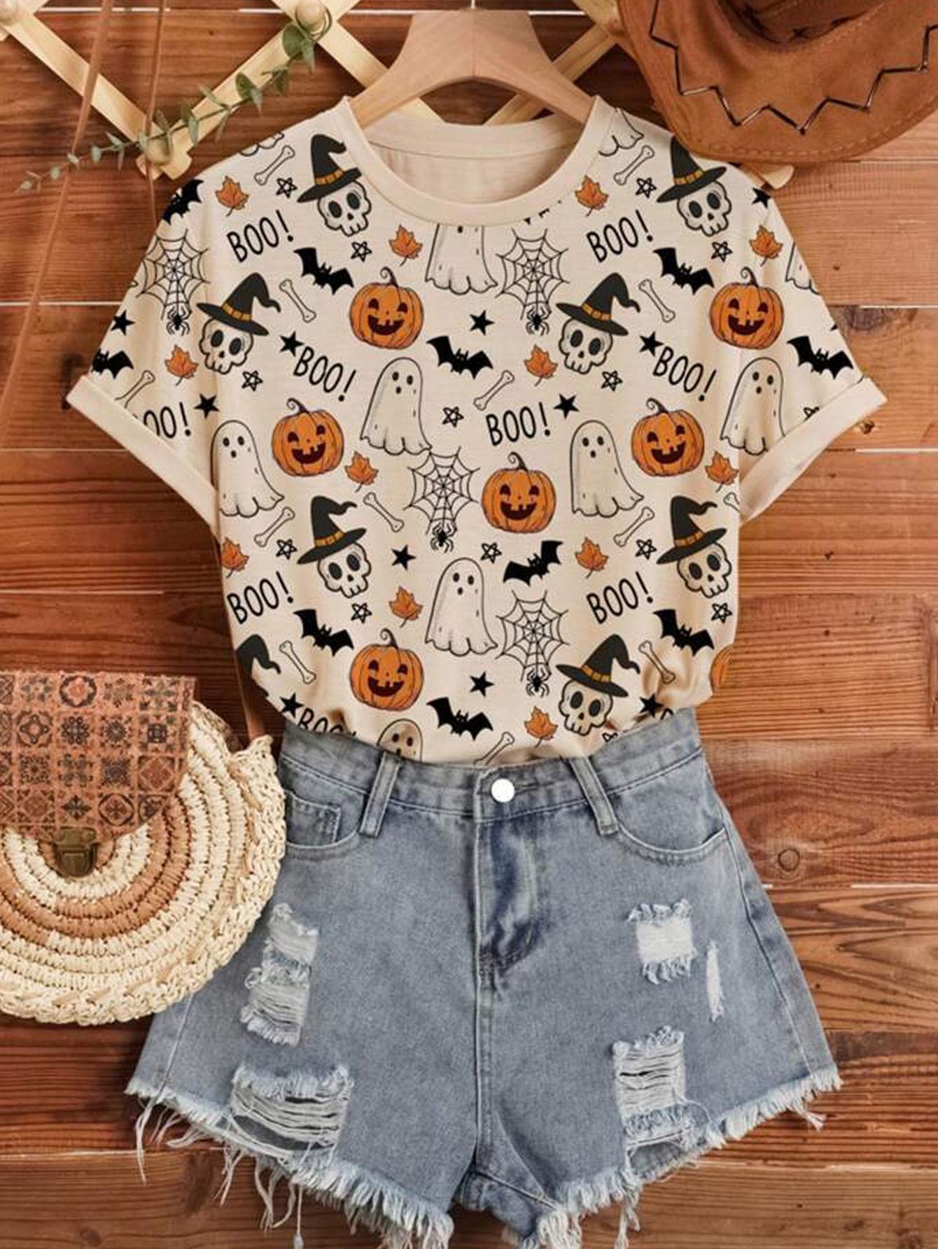 

Fun Women s Round Neck Tee with Bat, Pumpkin, and Ghost Print Large белый