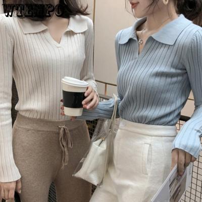 Women's Slim Knit Sweater with Long Sleeves and Sexy Stripes Short Solid Color Lapel Polo Shirt Casual Pullover Shirt Autumn and Winter Inner Top