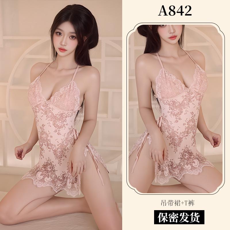 New Sexy Underwear Women's Sexy Lace Suspender Skirt Lace-up Nightdress Uniform Temptation European and American Pajamas A