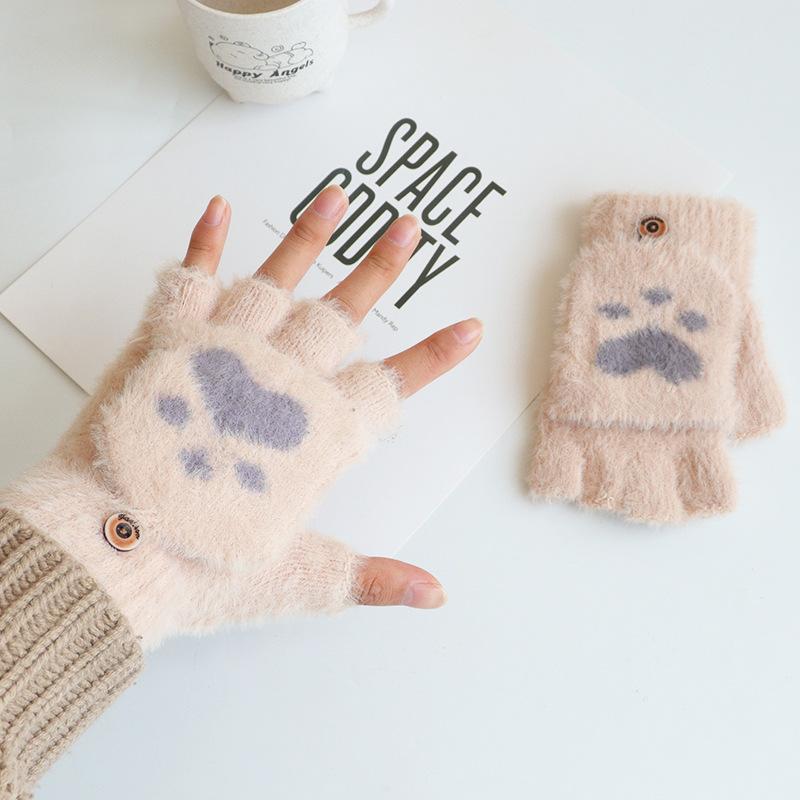 Winter Cute Cartoon Cat Paw Gloves Wholesale Warm Fleece Lined Thick Flip Cover Gloves Student Half Finger Knitted Gloves