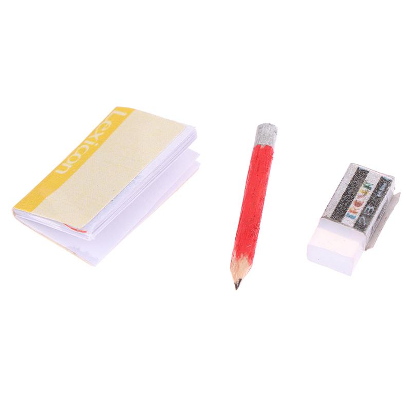 1 sett 1:12 Dukkehus Miniatyr Notebook Blyant Viskelær Student Skrivesaker Modell Barn Late Leke Leke Dukkehus tilbehør