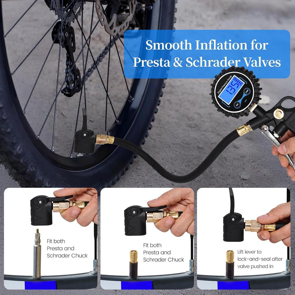 Digital Bike Tire Pressure Gauge, Presta Valve Adaptor, Schrader To Presta Valve Adapter For Air Compressor, Schrader Valve Adapter, Easiest Use
