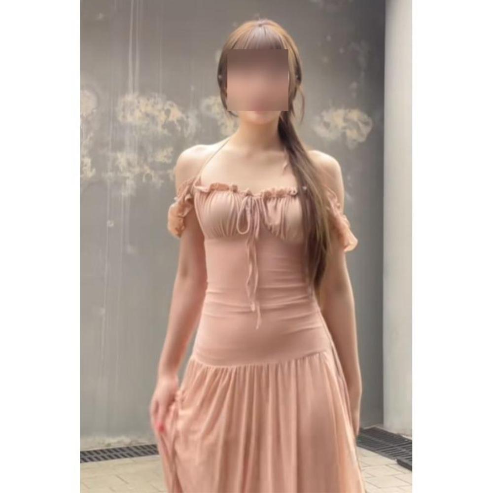 Square collar short sleeve neck suspender dress women's summer gentle wind seaside vacation waist a word long dress