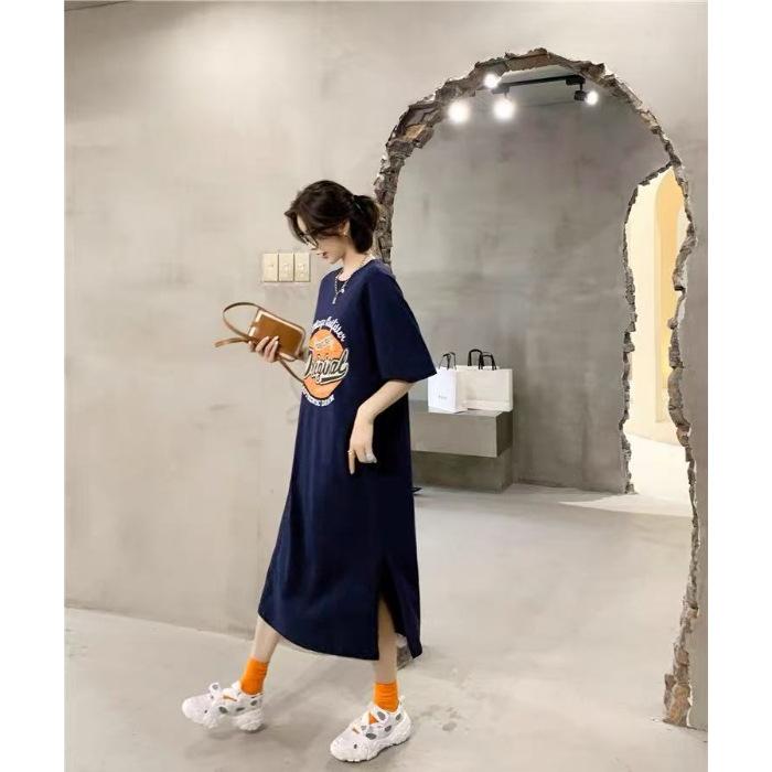 

Повседневное и расслабленное длинное платье, прямая юбка до колена, летнее новое платье-футболка с короткими рукавами для женщин 4XL тёмно-синий