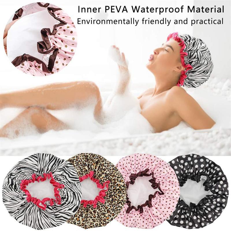 1PC Waterproof Shower Cap Double Layer Elastic Shower Hair Cover Reusable Wave Point Leopard Print Shower Cap Bathroom Supplies
