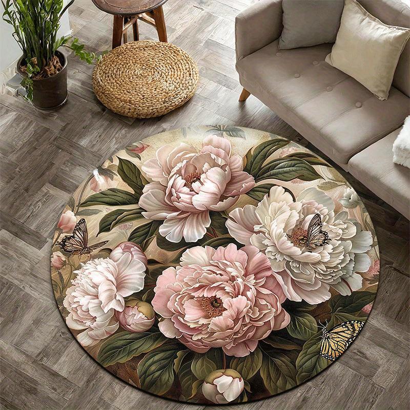Tappeto Rotondo Floreale Vintage di Lusso Tappetino Decorativo Morbido Antiscivolo Tappeto con Stampa 2D Peonia Farfalla per Ingresso Decorazione Casa Regalo