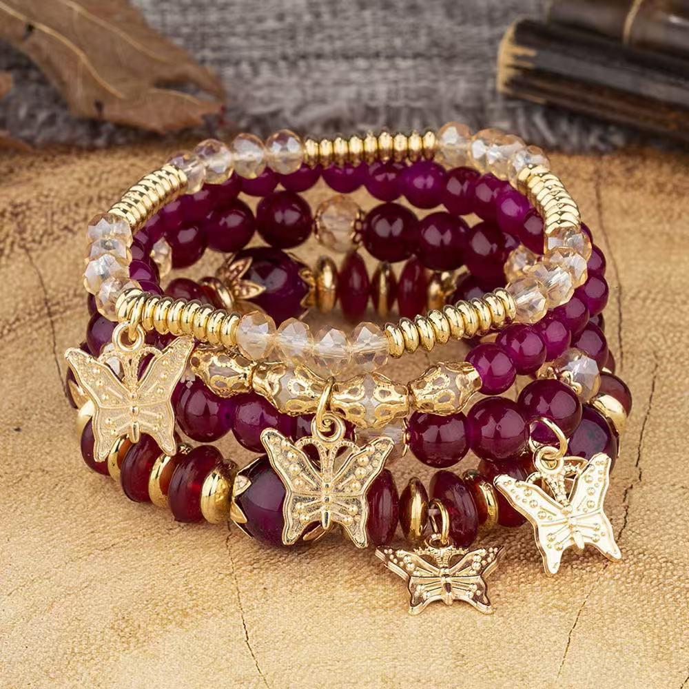 Bohemian Multi-layer Crystal Beaded Butterfly Pendant Stacking Bracelet