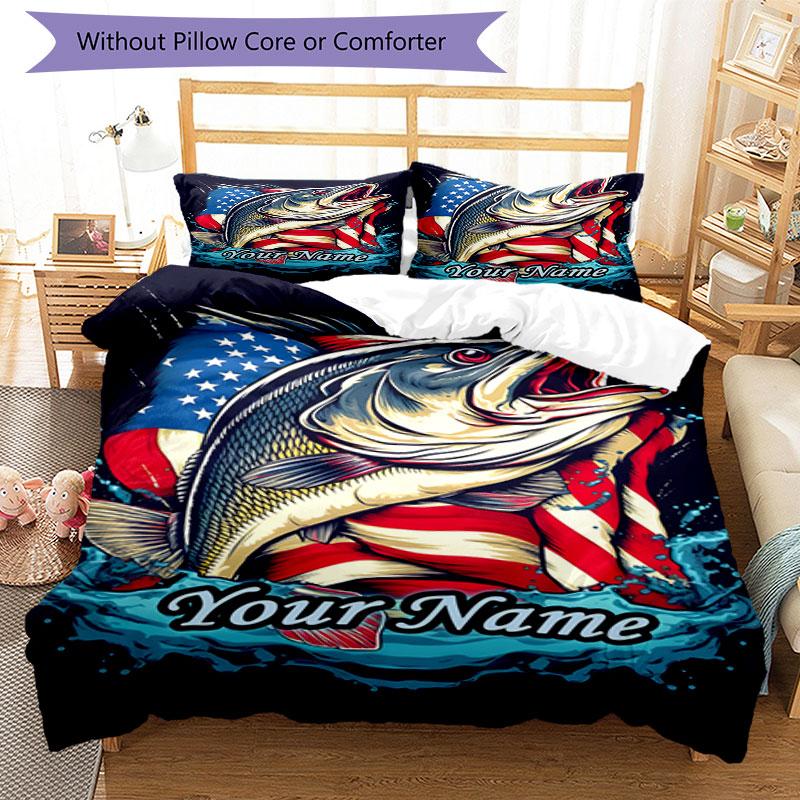 3PC Custom Name American Bass Flag Art Bedding Set Duvet Cover Closure Includes 1 Duvet Cover & 2 Pillowcases for Bedroom