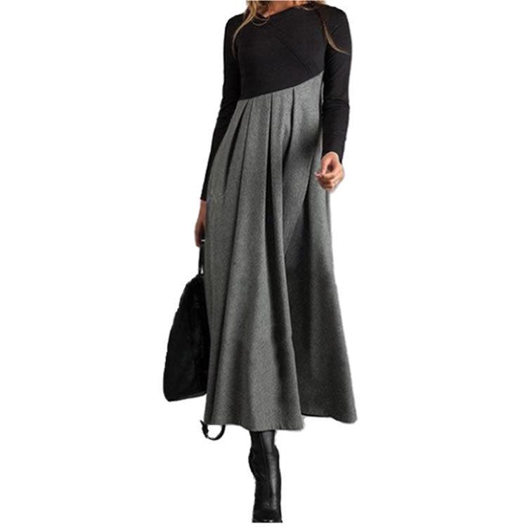 2023 Europejska i Amerykańska Damska Sukienka z Wełny Mieszanej w Patchwork z Bloków Kolorystycznych z Dekoltem w Serek