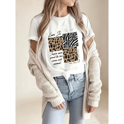 Europese Maat Elegante Damesblouse, Kerstmis, Dames Grafisch T-shirt - Korte Mouwen, Ronde Hals, Met Luipaard- en Zebraprint Letterontwerpen