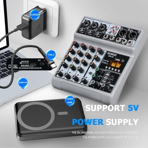 BOMGE Audio Mixer, 5-Channel Digital USB Bluetooth Soundboard Mixing Console with Echo Delay Effects, 48V Phantom Power Stereo DJ Mixer for Recording,