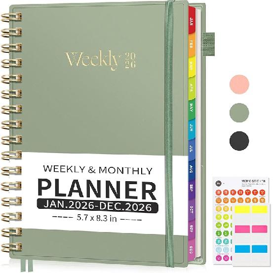 EMSHOI 2026 Planner Weekly and Monthly, Week on One Page with Notes, A5 (5.7"x8.3"), Jan-Dec 2026 Calendar Agenda with Monthly Tabs, Note Pages,