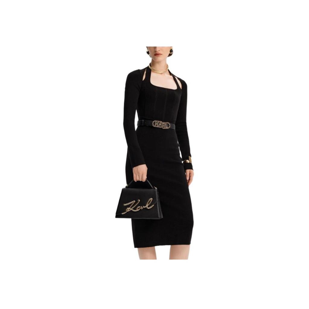 Karl Lagerfeld French Daily Commuting Date Outfit Elegant Chic Women Dress Black K27L1324