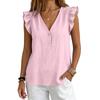 Women Summer Casual V Neck Button Down Blouse Sleeveless Ruffle Trim Lightweight Relaxed Fit Top for Daily Wear Office