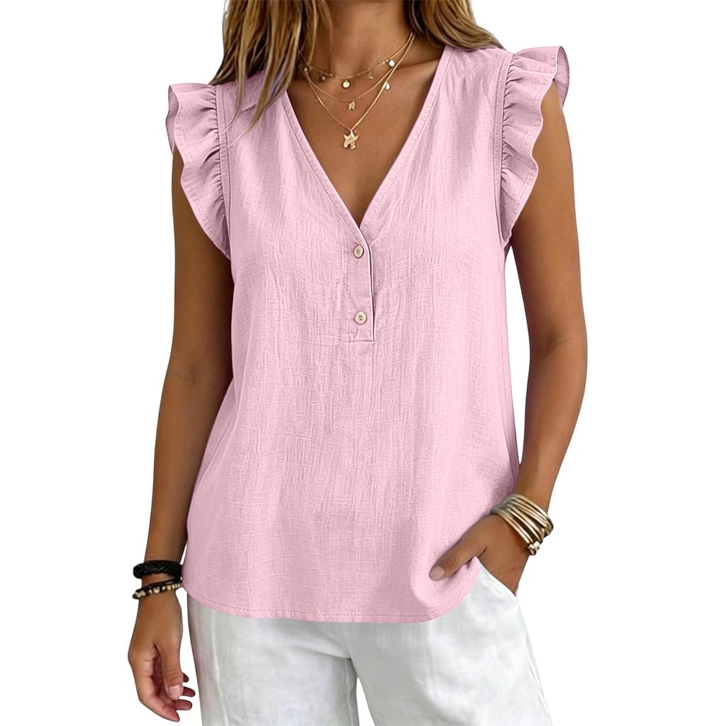 Women Summer Casual V Neck Button Down Blouse Sleeveless Ruffle Trim Lightweight Relaxed Fit Top for Daily Wear Office