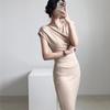 Pleated Solid Color Split-ended Dress Women's Summer Temperament Elegant Wind Age-reducing Body Stacking Sleeves Hip-wrapped Medium and Long Dress