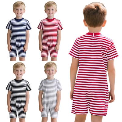 Unisex Kinder Spezielle Bedürfnisse Adaptive Kleidung Rundhalsausschnitt Kurzarm Oberschenkellänge Anti-Strip Rücken Unsichtbarer Reißverschluss Gestreifter Overall