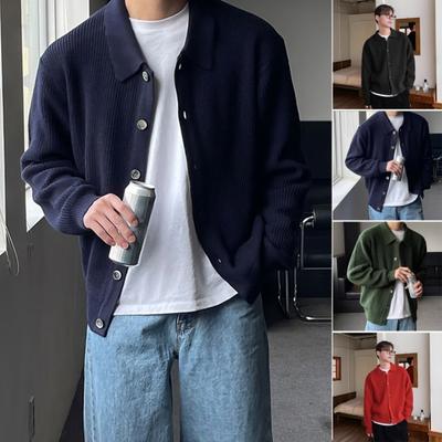 Men Fall Winter Sweater Turn-down Collar Single-breasted Buttons Loose Cardigan Sweater Coat Long Sleeves Knitted Jacket Work School Dating Outerwear