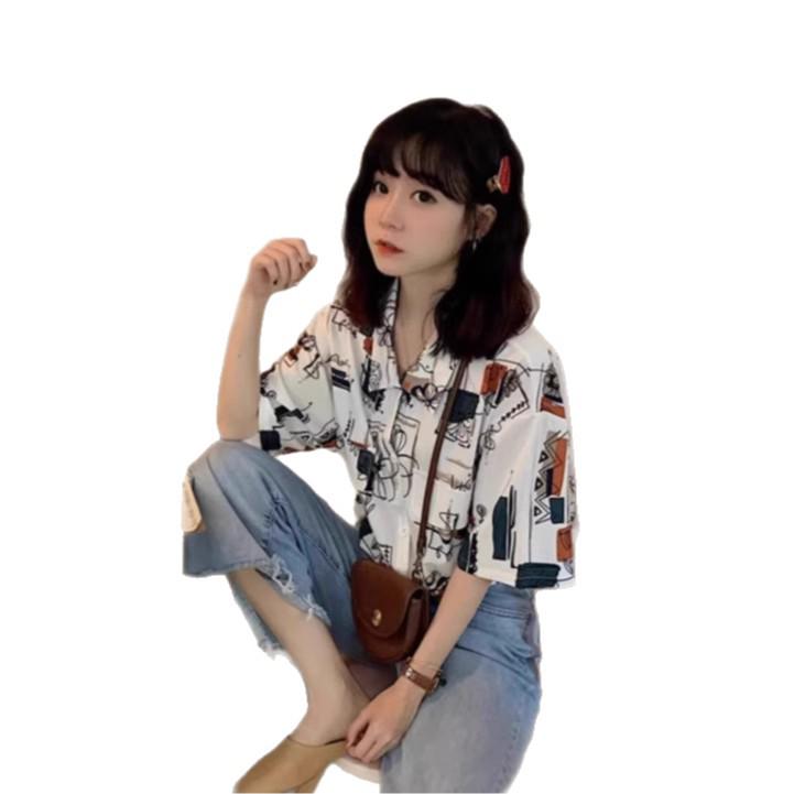 Damen Retro Hong Kong Stil Kurzarm Lockere Bedruckte Bluse