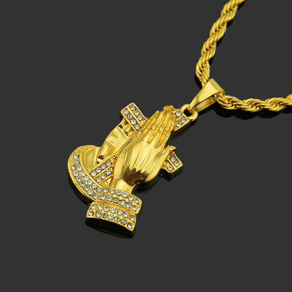 Ornement populaire européen Hip Hop diamant bouddha main pendentif mains de prière collier à la mode pour hommes