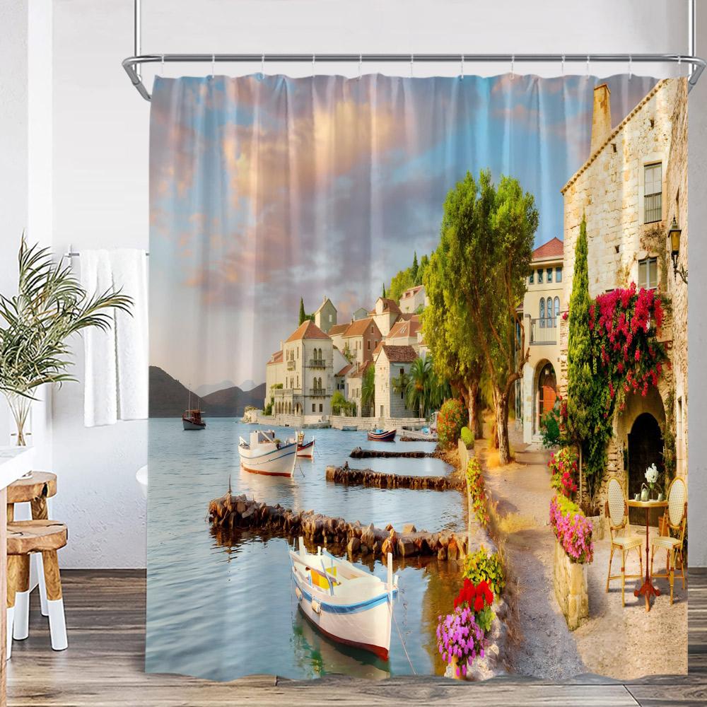 Garden Shower Curtain Arch Door Fence Vines Flowers European Garden Bathroom Decorations Landscape Bath Curtain With Hooks