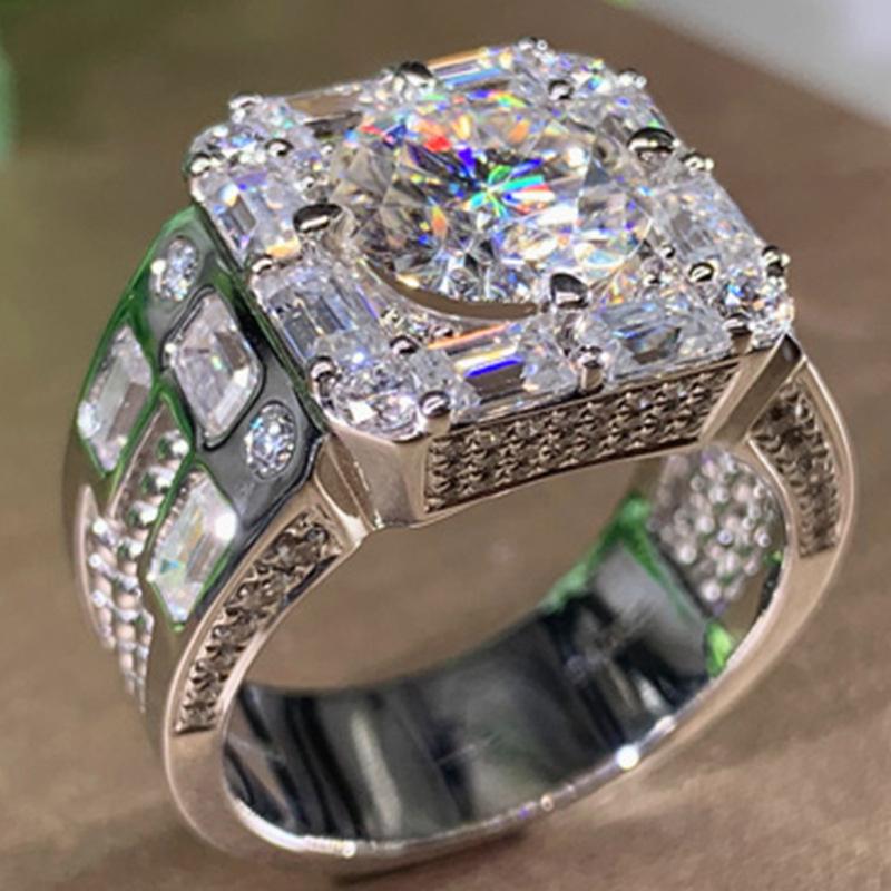 Big Hip Hop Style Rhinestone Men's Ring Square Ring Silver Color Pave Setting CZ Wedding Engagement Rings Top Quality