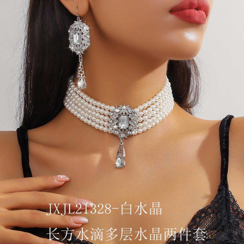European and American Luxury Multi-layer Crystal Water Drop Pendant Bundle Neck Chain Jewelry Earrings Exaggerated Color Crystal Necklace Women