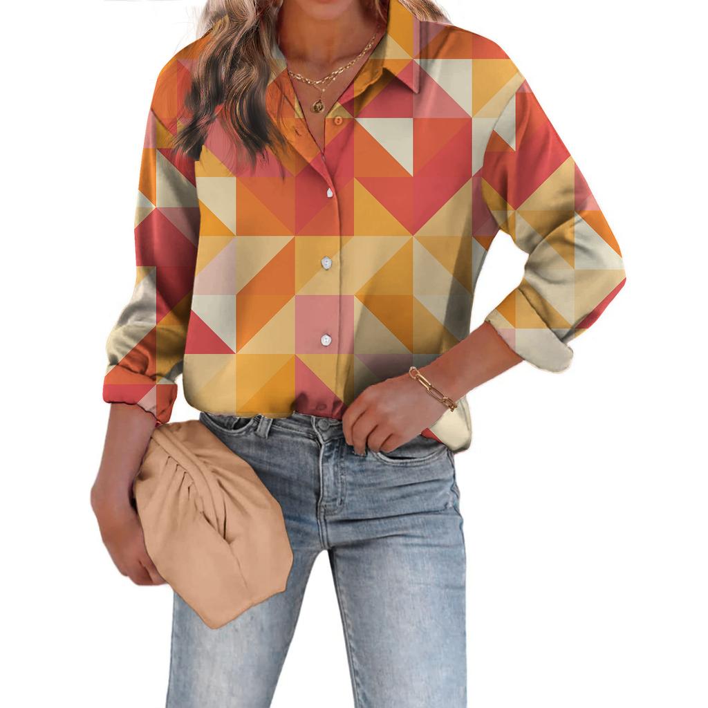 1116 Fashion European and American Shirts Spring and Autumn Loose Digital Printed Checked Cardigan Women's Shirt