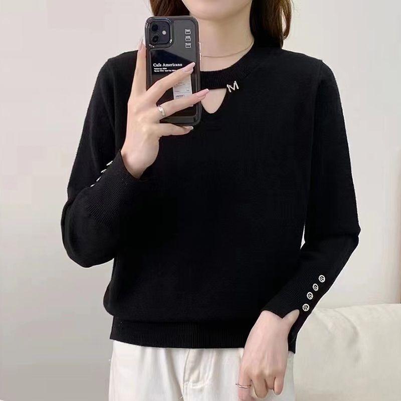 Vêtements d'automne Hiver pour Femmes Pull à Col Rond Couleur Unie Tricoté Bouton Manches Longues Hauts Décontractés Élégants Tendance