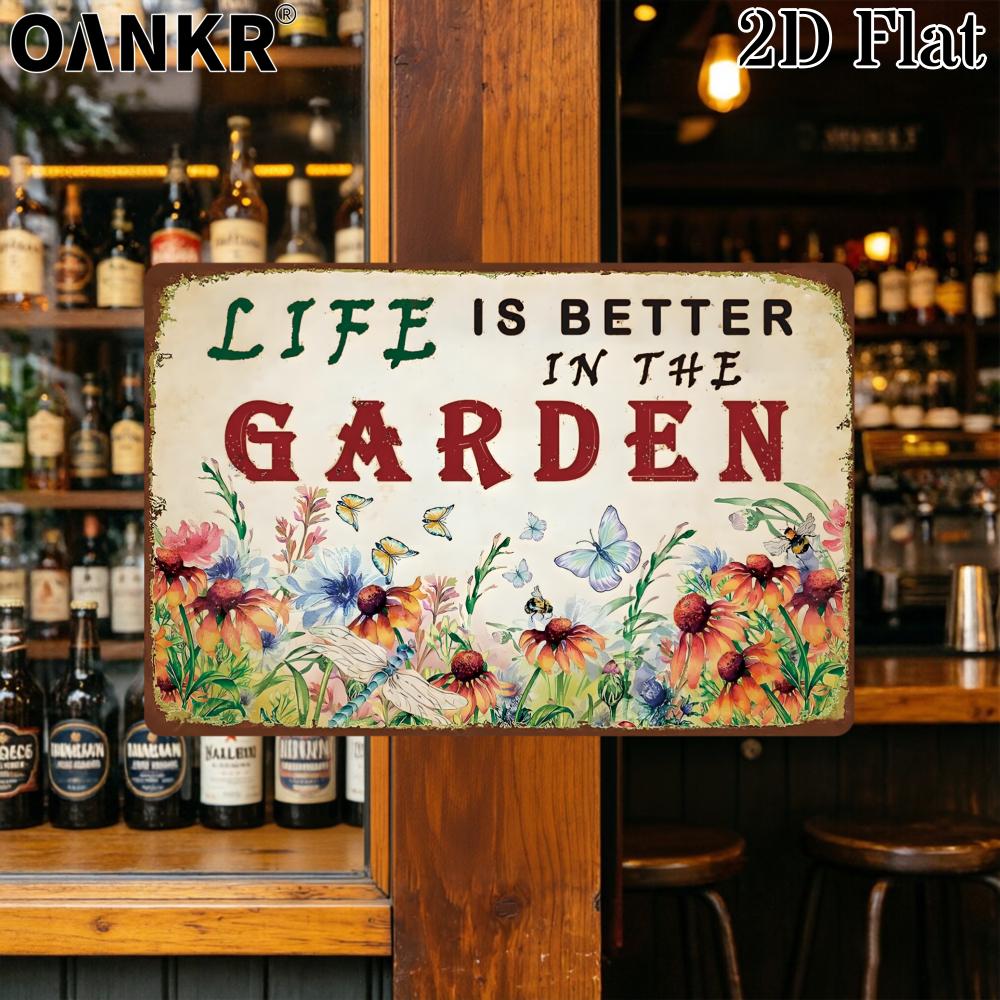 Metal Wall Art Floral Butterflies Garden Life Better Metal Wall Art Retro Metal Tin Painting for Farmhouse Garden Wall Decor 20x30cm(7.8x11.8inch)