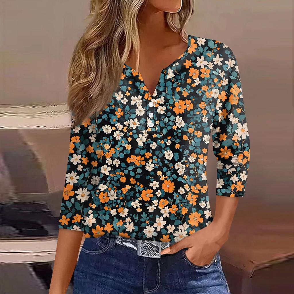 Women's T Shirt Print Button 3/4 Sleeve Daily Weekend Fashion Basic V- Neck Regular Top