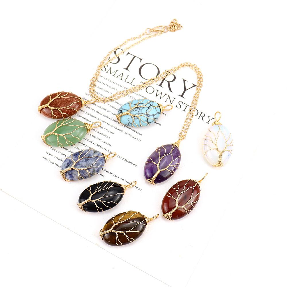 Silk Natural Crystal Rough Stone Egg-Shaped Gold Winding Tree Of Life Pendant Necklace N644