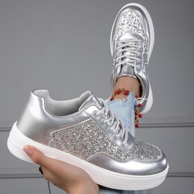 Fashion Shiny Silver Women Casual Shoes Leather Platform Sports Shoes Woman Glitter Bling Sneakers Black Flat Sneakers Skateboard Shoes