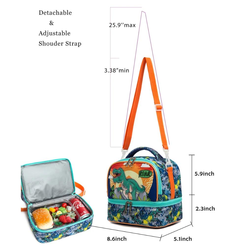 Lunch Bag for Kids Dinosaur Insulated Bag Boy Girl Waterproof Double Compartment Thermal Adjustable Shoulder Strap