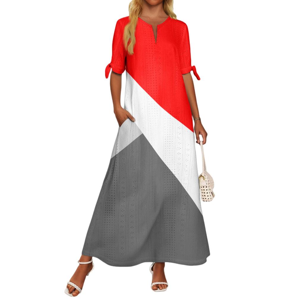 Ladies Casual Fashion Temperament Elegant Waist Patchwork Print Long Dress