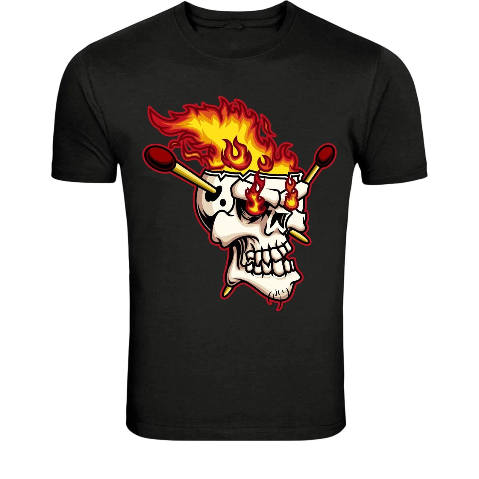 Flaming Skull Matchstick T-Shirt - Burning Skull Fire Graphic Tee 2XL