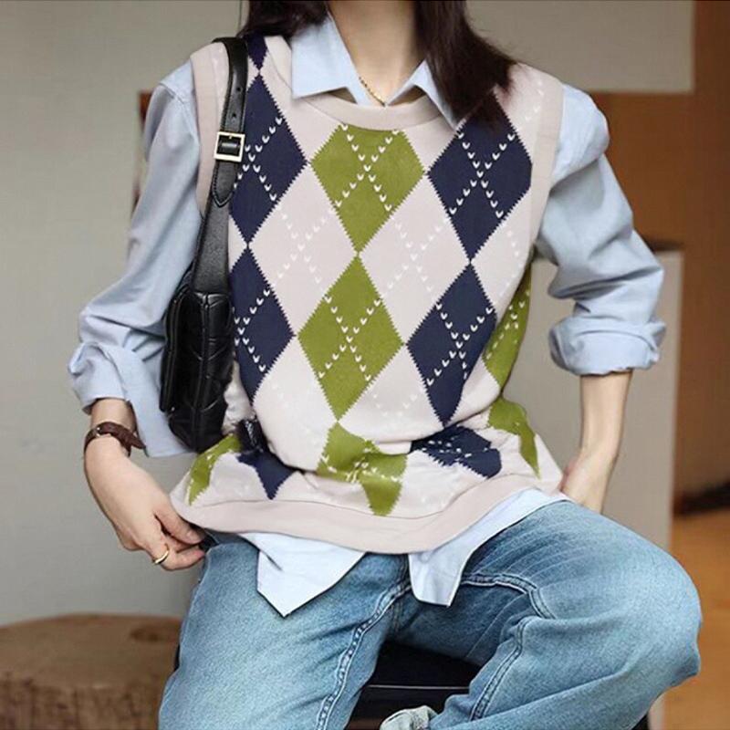 

ZANZEA Женские осенние жилеты с круглым вырезом без рукавов в ромбовидную клетку 2XL бежевый