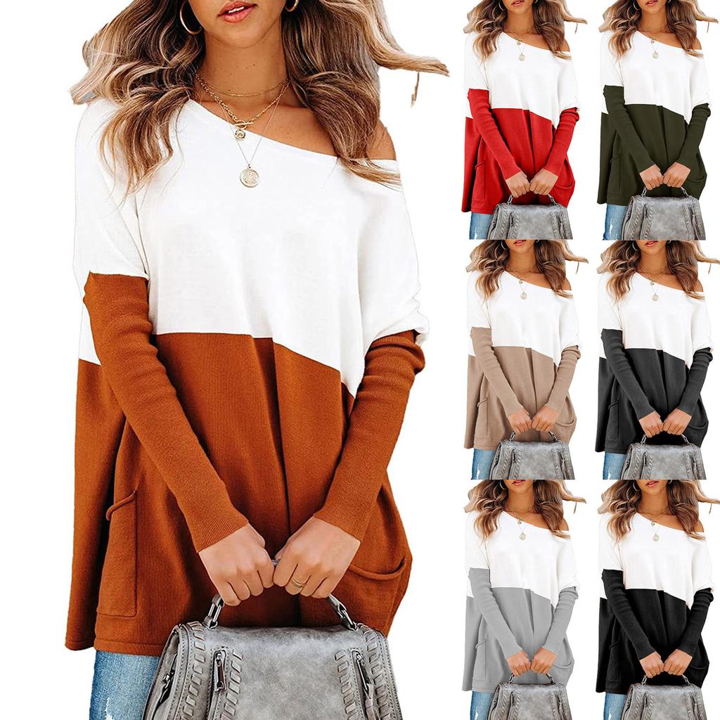 Women’s Causal Loose Pockets Sweater Color Block Knit Pullover Off Shoulder Tops