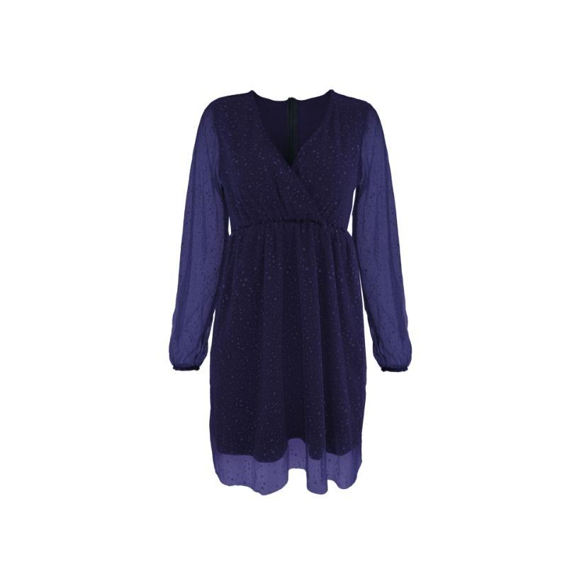 GMXIA Elegant Dress Mesh Sprinkles Pure Colour Seven Sleeve V-Neck Splicing Women's Midi Dresses