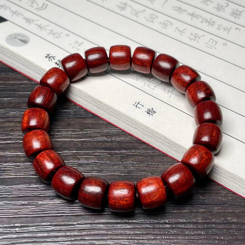 Ethnic Green Sandalwood Straight-Cut Barrel Bead Bracelet, Handmade Unisex Cultural Play Single Loop