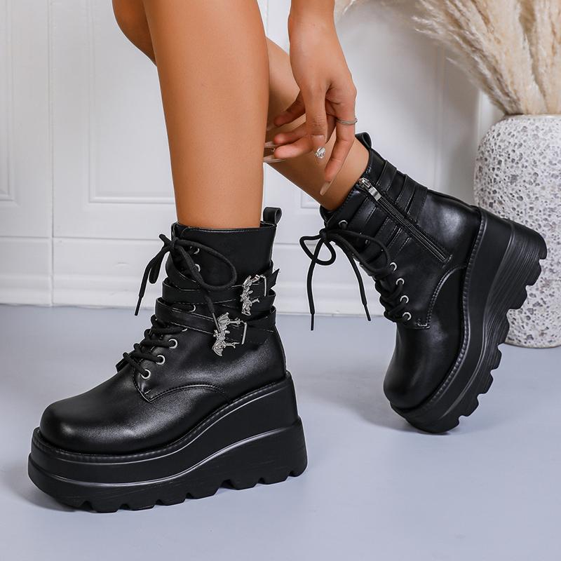 Fashion Chunky Wedges Punk Ankle Boots Women Fashion Super High Heels Motorcycle Boots Woman Lace Up Thick Bottom Black Gothic Shoes