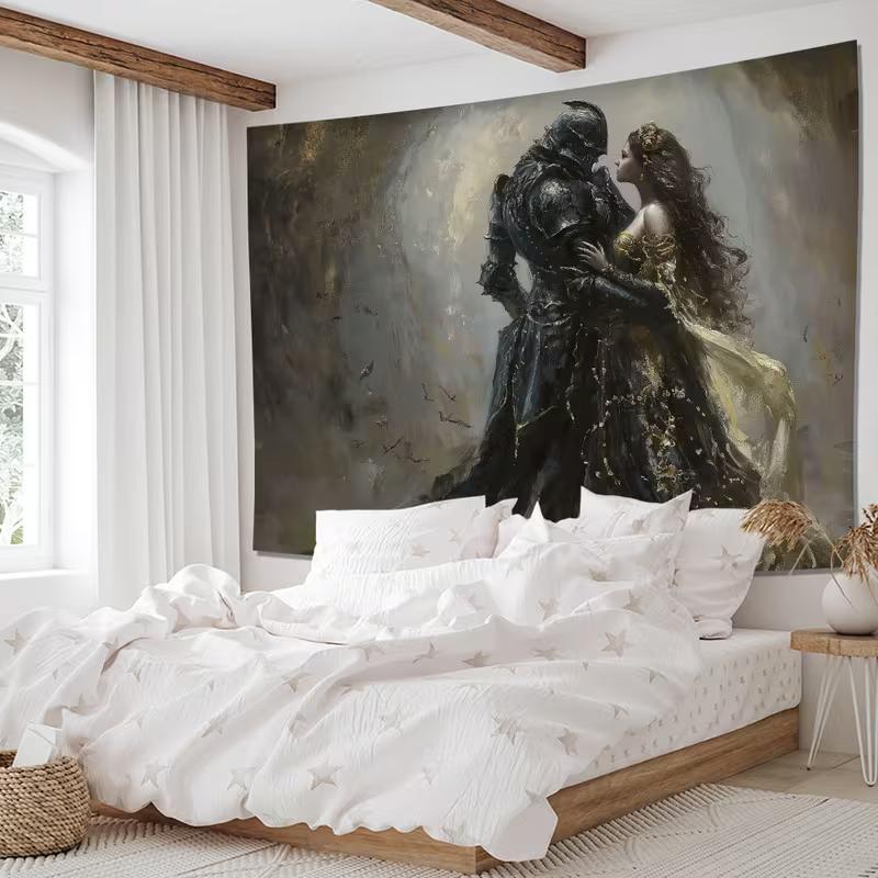 2D Medieval Romantic Tapestry, Dark Knight & Princess Wall Art for Home Decor