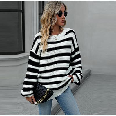 Women Autumn Oversized Sweaters Striped Crew Neck Long Sleeve Casual Knit Loose Pullover