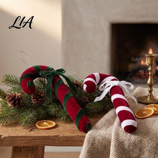 Retro Holiday Ornaments Velvet Christmas Candy Cane Ornament, Fabric Decoration with Soft Lightweight Tree Bow, Xmas Hanging Decor Pendant for